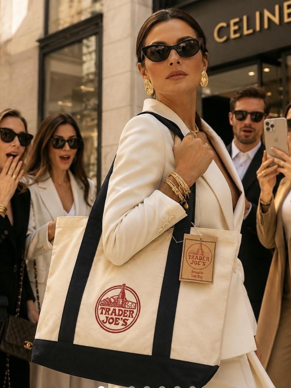 Trader Joe's Large Cream and Navy Canvas Tote Bag